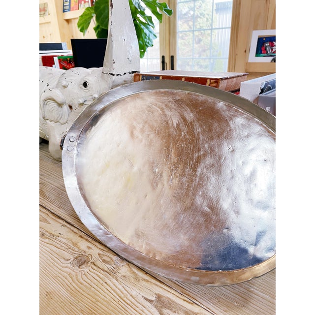 A beautiful antique circa late 1800s to early 1900s copper gratin/roasting dish with hand-applied tin and a brass hanging...