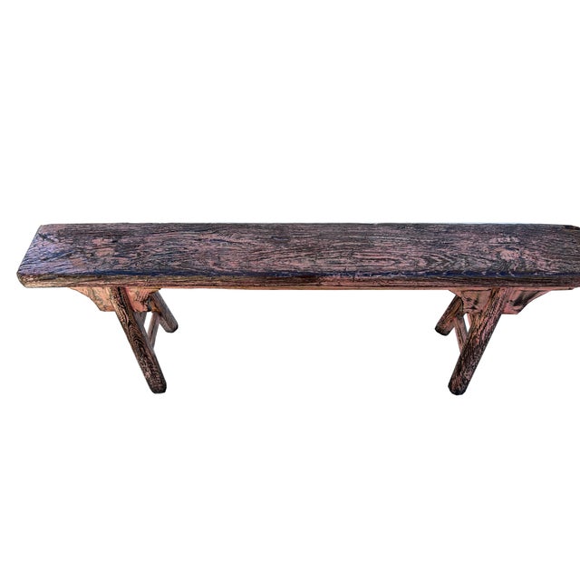 1970s Distressed Rustic Pink Village Slim Narrow Wood Bench For Sale - Image 5 of 5