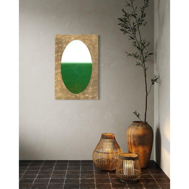 A deep forest green oval sits low and grounded within this composition, its color rich enough to nearly read as black in...