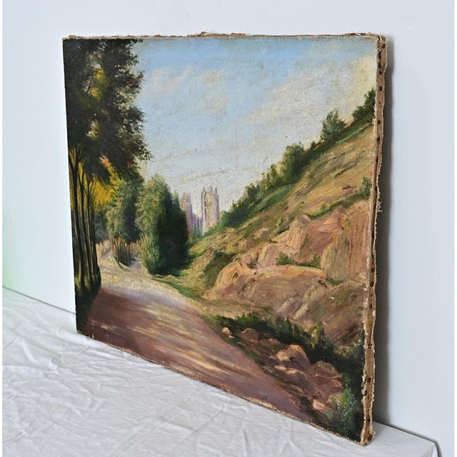 Textile French Vintage Landscape Painting with Cathedral For Sale - Image 7 of 9