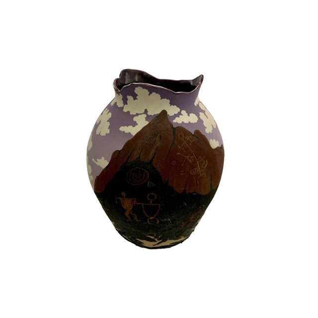 Late 20th Century Native American Hand-Painted Pottery Vase, Dawn Nature Scene, 18.5"h For Sale - Image 4 of 9