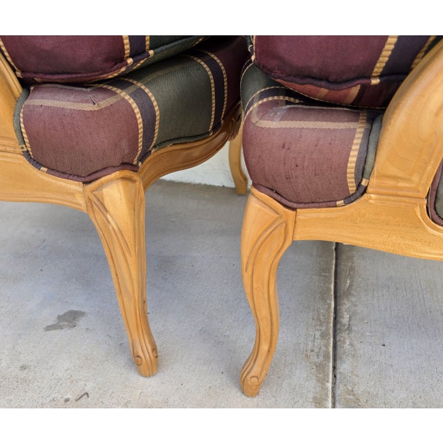 Vintage Louis XV French Provincial Armchairs Plaid Tartan Fauteuil Cabriole Legs For Sale - Image 12 of 16