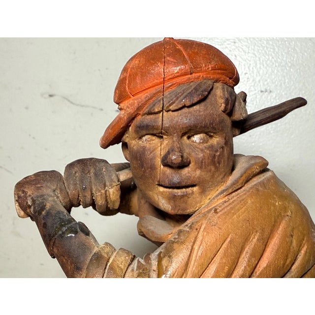 Very Rare Antique 1800s Hand Carved Wood Folk Art Baseball Sculpture Statue For Sale - Image 9 of 17
