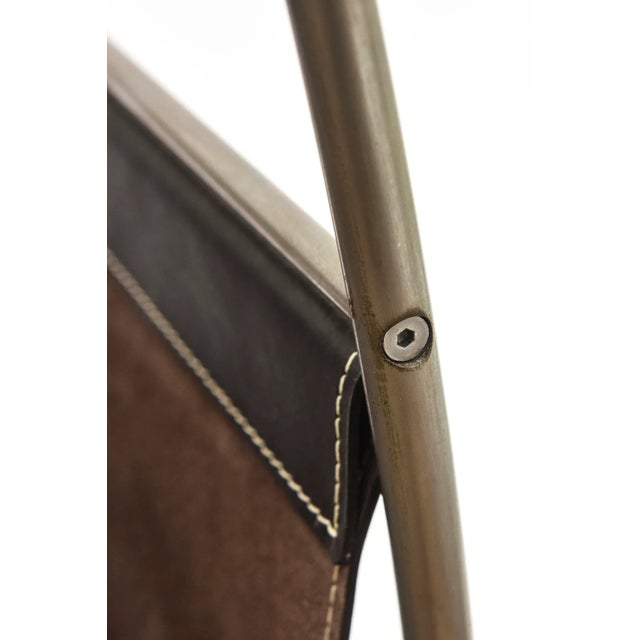 Brown Modern Swing Brown Stiched Leather, Stainless Steel and Rubber Feet Magazine Stand For Sale - Image 8 of 12