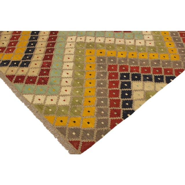 Add a touch of elegance to your home with this casual chic hand woven Tribal Kilim wool rug. Constructed on a loom by...