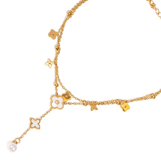 Modern Floral Pearl Charm Gold Anklet For Sale - Image 3 of 5