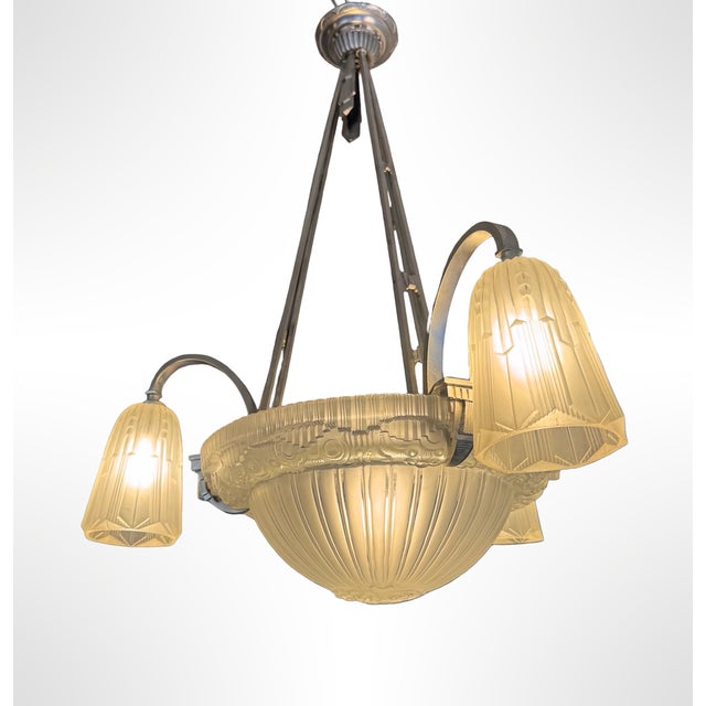 Art Deco Chandelier in Nickel-Plated Bronze by Georges Leleu Jehel, 1930 For Sale - Image 3 of 18