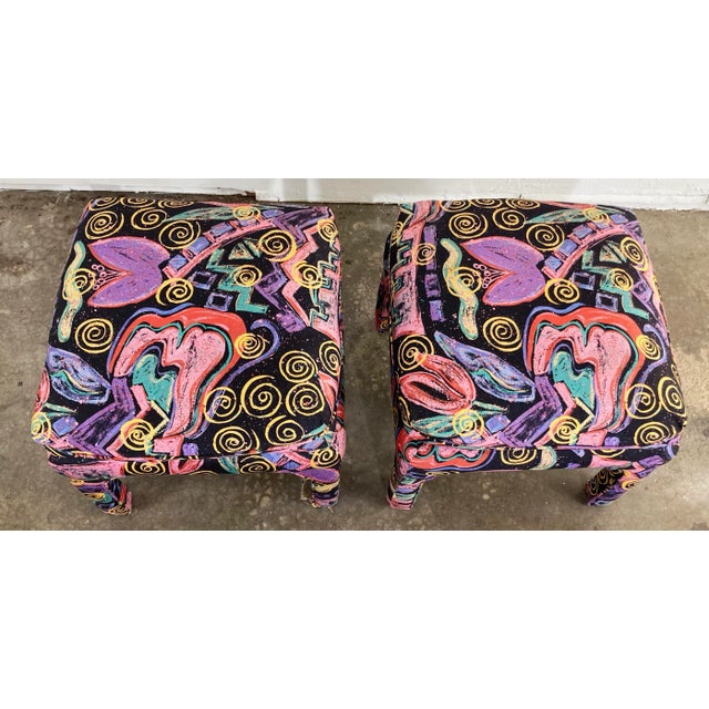 Textile Vintage Postmodern Abstract Upholstered Parsons Stools, a Pair For Sale - Image 7 of 10