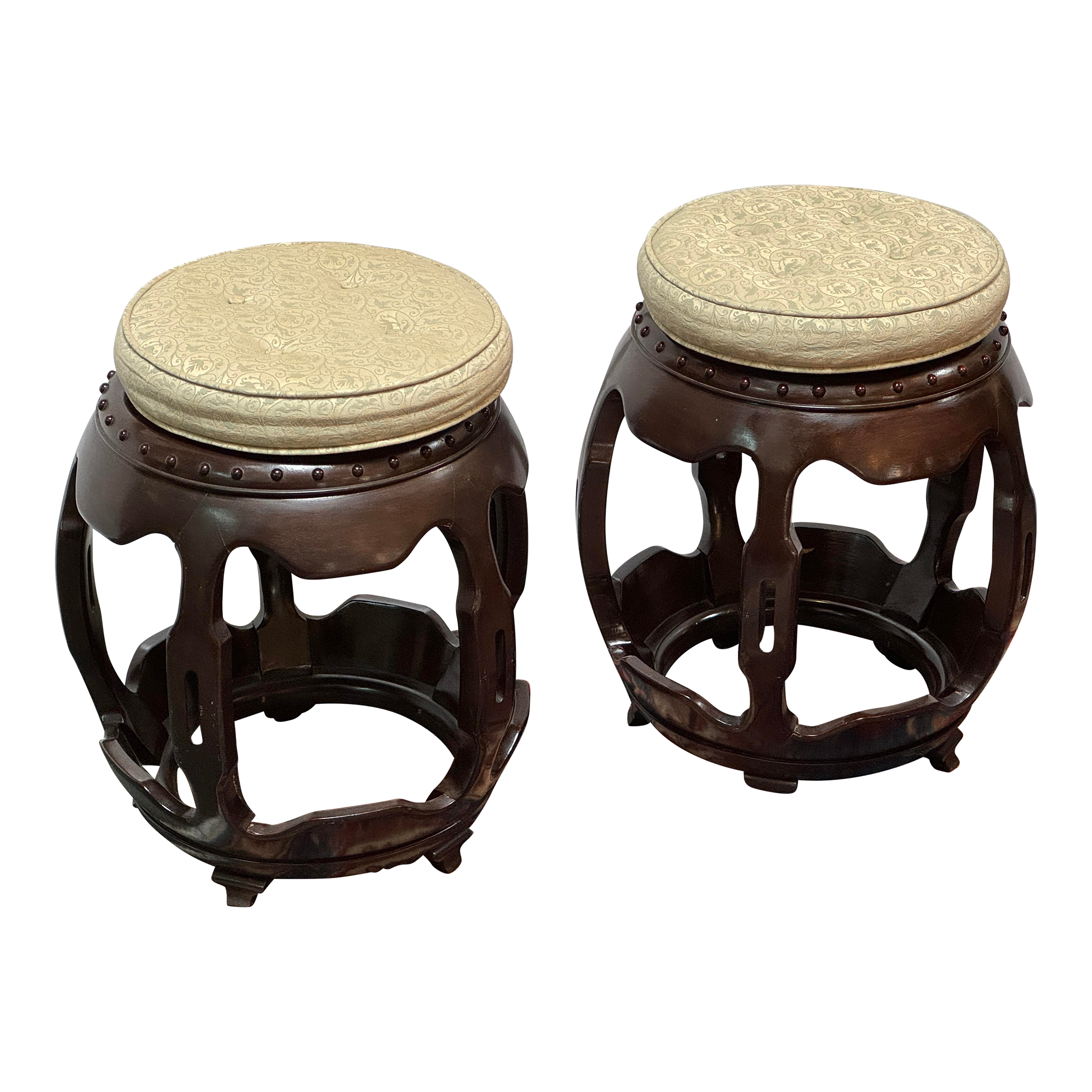 Vintage Chinese Rosewood Stools + Cushions, a Pair - image 0