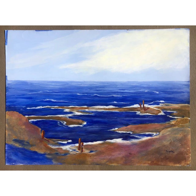Acrylic on paper seascape painting by artist Ingrid Hofer (1926-2019). Signed lower right.