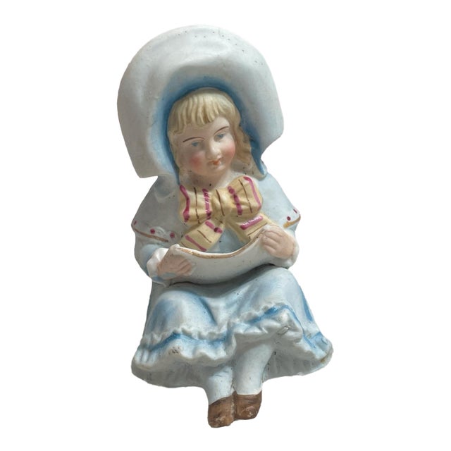 Vintage Bisque Porcelain Girl Figurine With Blue Bonnet For Sale