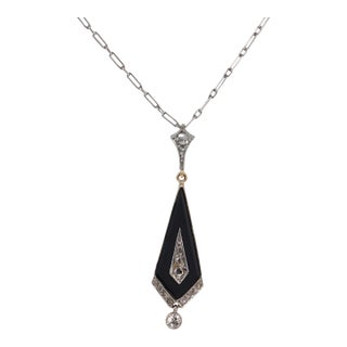 1910s Edwardian Diamond Onyx 18k Yellow Gold Platinum Necklace For Sale