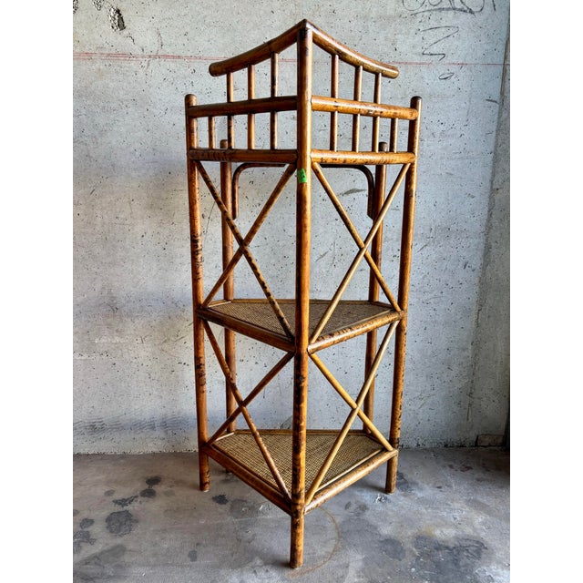 Hollywood Regency Vintage 1950s Tiger Rattan Corner Shelf, Pagoda Top, Three Tier For Sale - Image 3 of 6
