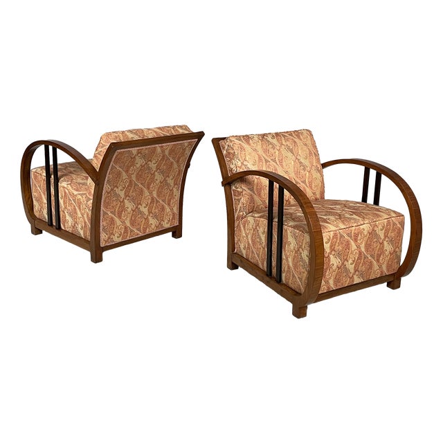 Art Deco Italian Armchairs in Wood and Fabric, 1930s, Set of 2 For Sale