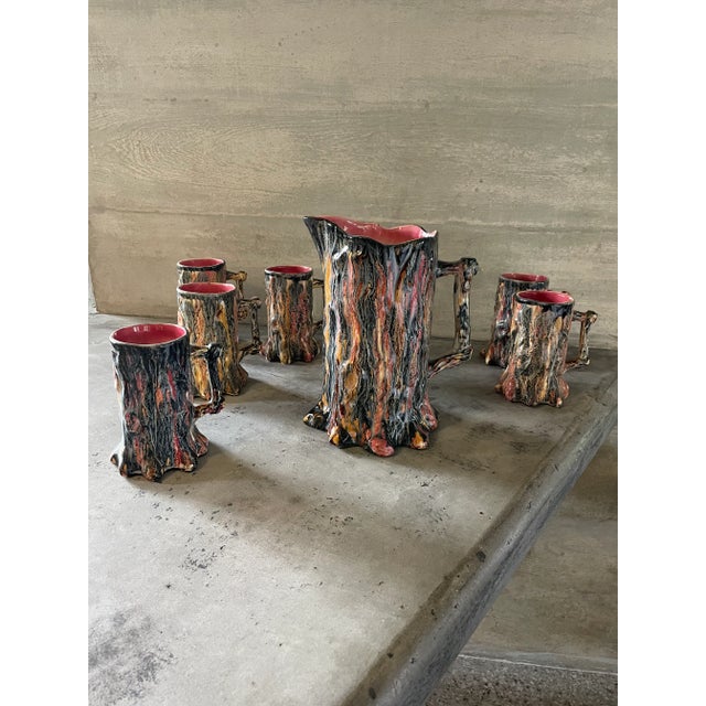 Vintage Faux Bois Majolica Pitcher & Mug Set- 7 Pieces For Sale - Image 12 of 13