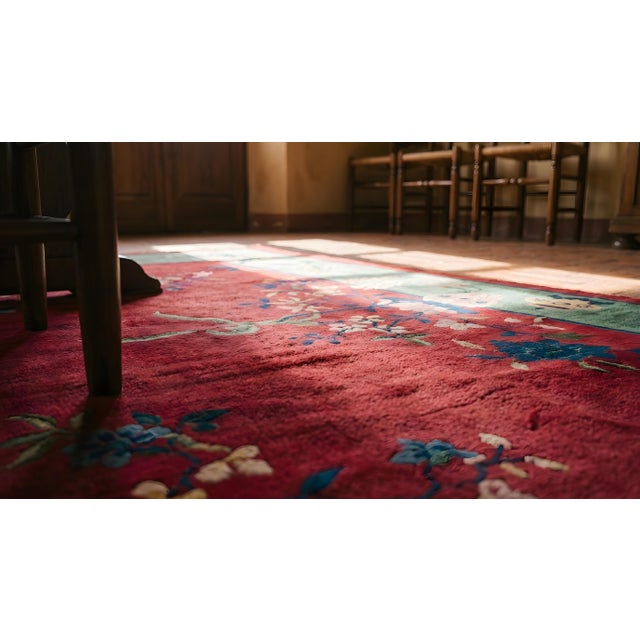 1920s Red Vase Floral Antique Chinese Art Deco Rug 9' X 11'9" Handknotted Wool Carpet For Sale - Image 12 of 14