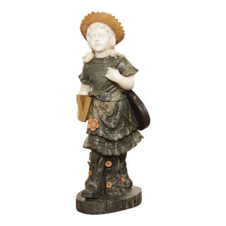 Mid 20th Century Girl Walking with Book Carved Marble Life-Size Statue For Sale