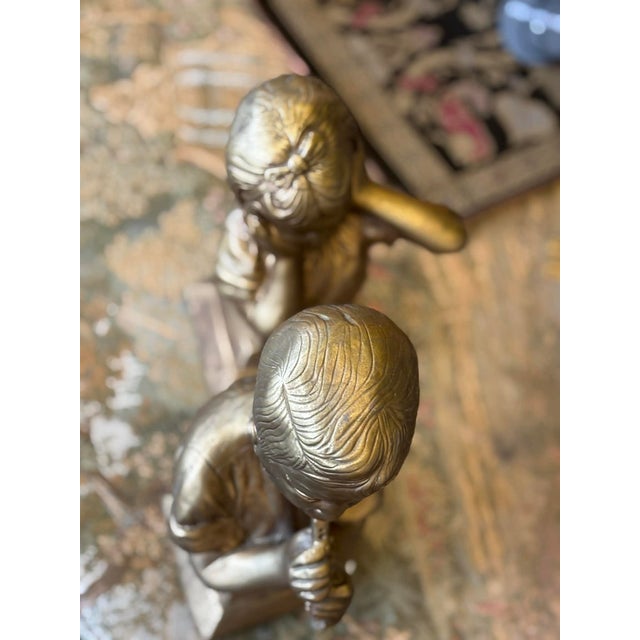 Shabby Chic Vintage Esco Chalkware Boy and Girl Bookends or Busts, Gold For Sale - Image 3 of 9