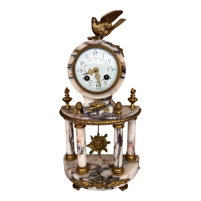 Vintage French Marble Ormolu Column Clock For Sale