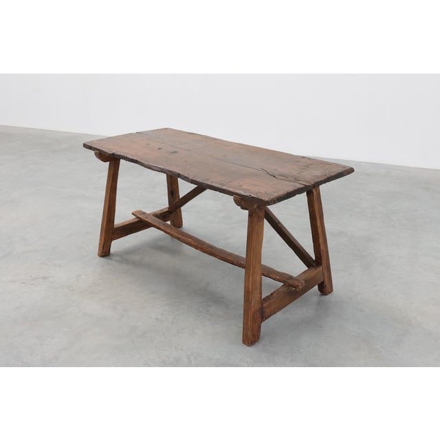 Spanish Rustic Trestle Table with Drawer and X-Stretchers, 1800s For Sale - Image 6 of 13