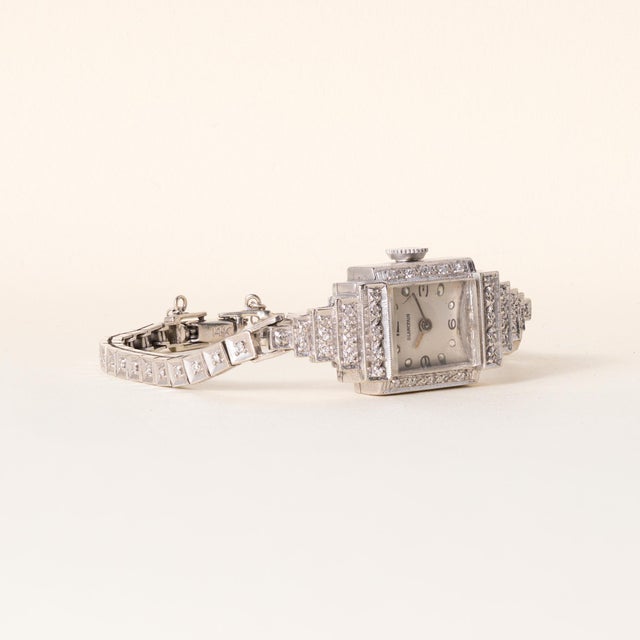 1930s 1930s Art Deco Blancpain 1 Carat Diamond Ladies Cocktail Watch 14k White Gold For Sale - Image 5 of 7
