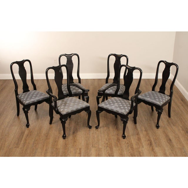 High Quality Vintage Set of 6 Black Lacquered Queen Anne Style Dining Chairs With Custom Upholstered Seats
