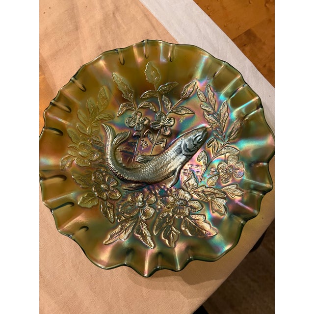 Antique Millersburg Trout & Fly Carnival Glass 3n1 Bowl, Radium Green and Marigold For Sale - Image 11 of 11