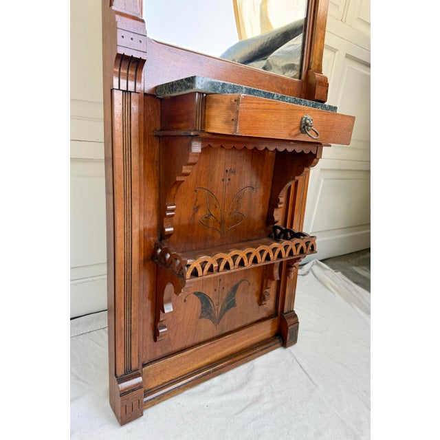 Late 19th Century 1880s Eastlake Aesthetic Movement Walnut Hall Mirror With Marble Shelf & Drawer For Sale - Image 5 of 16