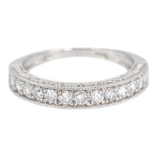 14k (585) White Gold Natural Diamond Engraved Band Ring, Size 9 For Sale