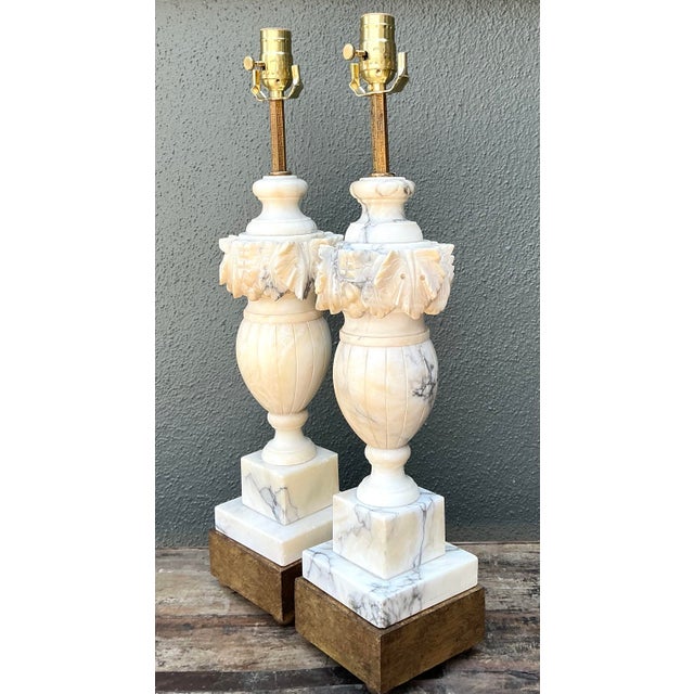 Alabaster Vintage Carved Alabaster Leaves Lamps - A Pair For Sale - Image 8 of 12