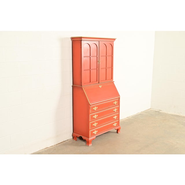 English Baker Furniture Style Georgian Red Lacquered Bureau With Drop Front Secretary Desk, Circa 1970s For Sale - Image 3 of 15