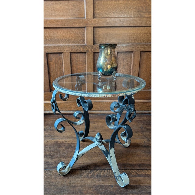 Black Vintage Distressed Wrought Iron & Glass Garden Side Table For Sale - Image 8 of 9
