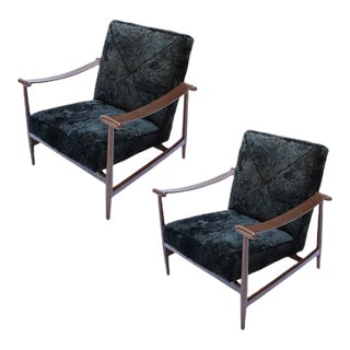 Custom Walnut Mid-Century Style Armchairs in Black Sheepskin - a Pair For Sale