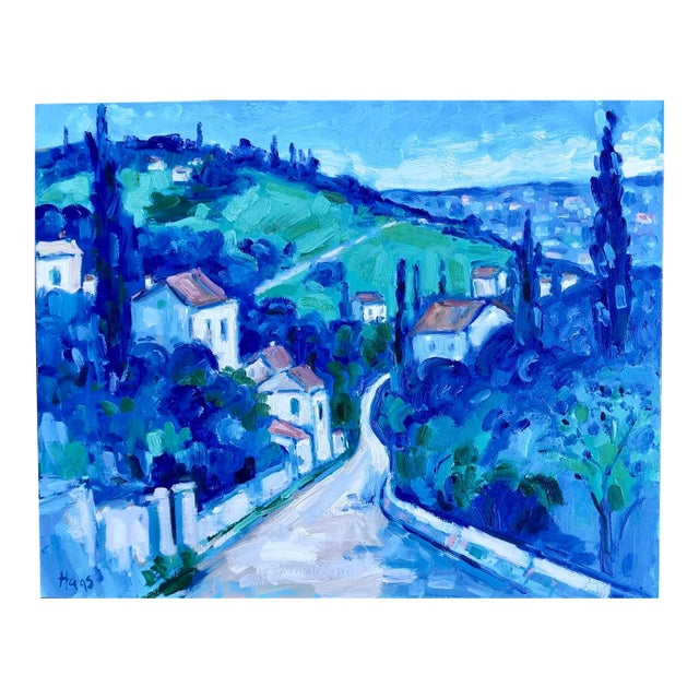 Contemporary Blue Village Oil Landscape Painting For Sale