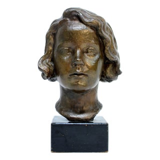 J.G., Bust of Girl, 1940s, Bronze and Wood For Sale