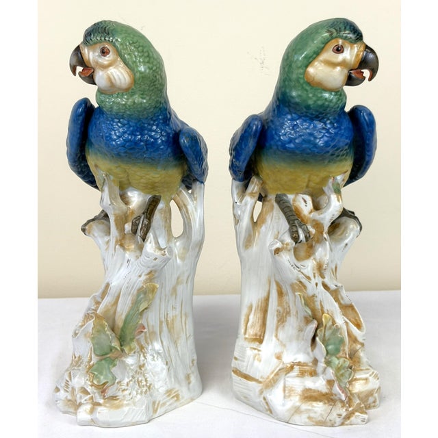 Mid 20th Century 1940's Germany Hand Painted Large Porcelain Parrots- A Mirrored Pair For Sale - Image 5 of 18