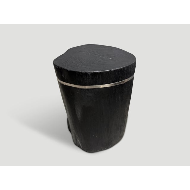 2010s Andrianna Shamaris Minimalist Charred Teak Wood and Silver Side Table For Sale - Image 5 of 5
