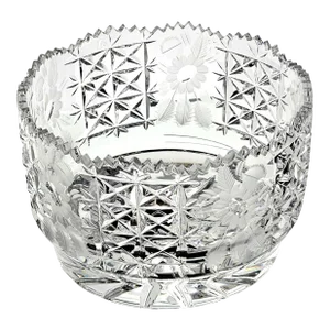 Etched Floral Cut Glass Crystal Bowl Sawtooth Edge