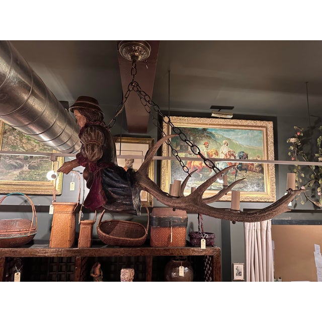 Antique Black Forest Lusterweibchen Figural Chandelier, Polychrome Carved Wood Maiden With Fruit, Swiss, 19th Century [Hb] For Sale - Image 4 of 6