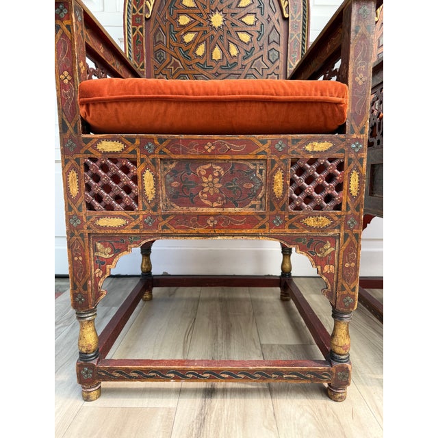 Mid 20th Century Vintage Moroccan Hand-Painted Carved Wood Throne Chairs - Pair For Sale - Image 5 of 18