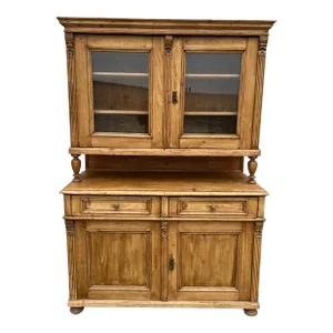 Early 1900s Pine & Glass Door Step-Back Hutch