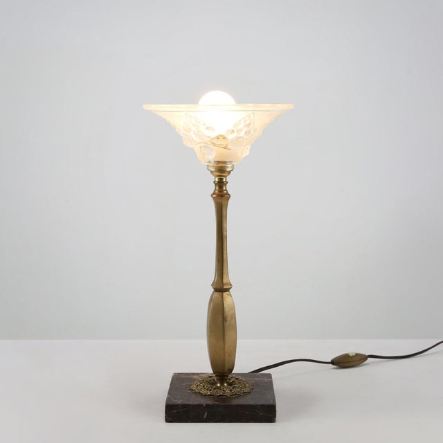 Art Nouveau Table Lamp with Brass and Marble Base and Glass Shade, 1920s For Sale - Image 10 of 10
