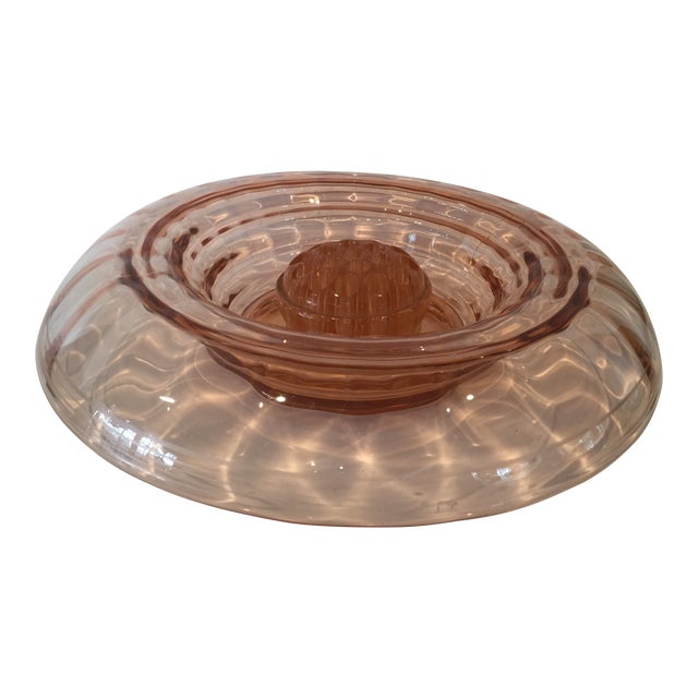 1930s Vintage Pink Depression Glass Console Bowl With Waterfall Rolled Ribbed Rim and Matching