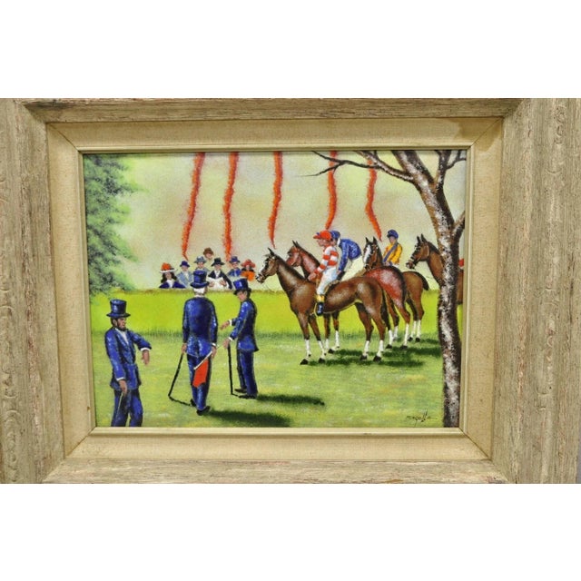 Modern Late 20th Century Dom Dominic Mingolla Enamel on Copper Framed Painting Horse Jockey Race Derby For Sale - Image 3 of 12