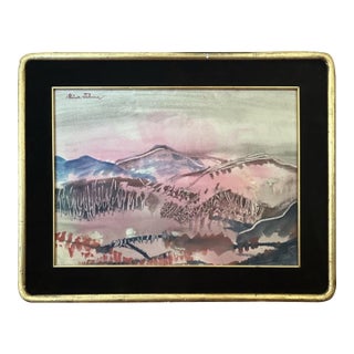Mid-Century Abstracted Watercolor &Amp; Wax-Resist Mountain Landscape by Mina Tabuena. For Sale