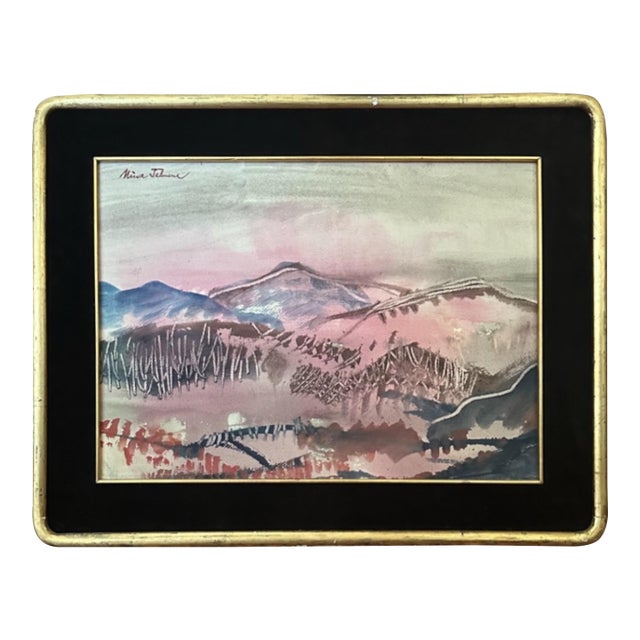 Mid-Century Abstracted Watercolor &Amp; Wax-Resist Mountain Landscape by Mina Tabuena. For Sale