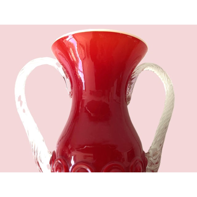 Mid-Century Italian Red Glass Vase with Sculptural Clear Handles, 1970s For Sale - Image 6 of 10