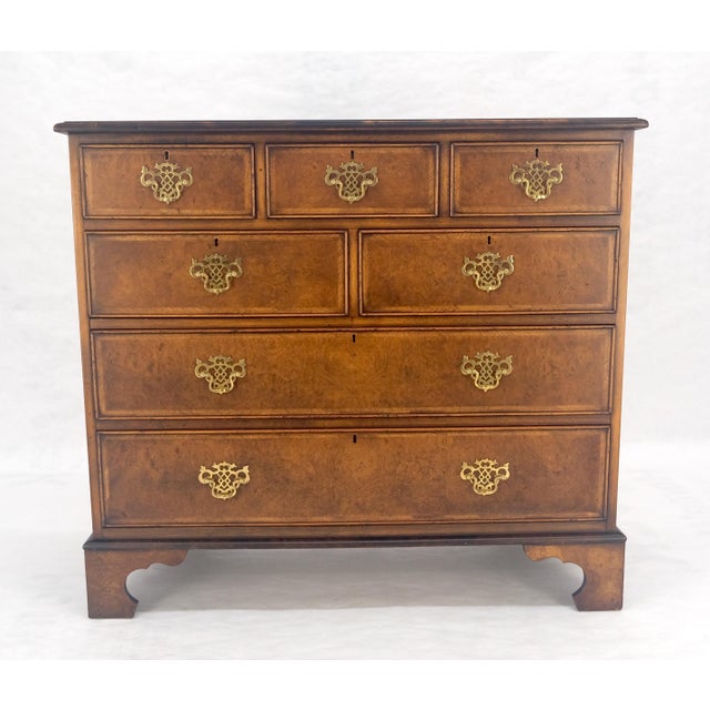 Fine 7 Drawers Burl Wood Banded Top Bracket Feet English Chest of Drawers MINT For Sale - Image 9 of 15
