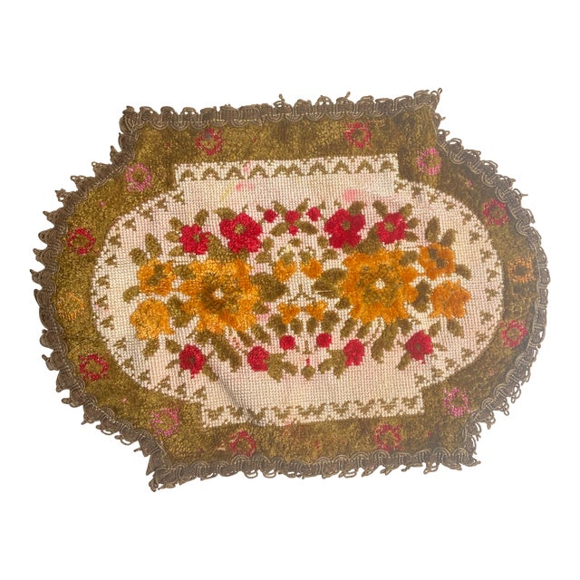 Vintage Belgian Small Chenille & Needle Point Tapestry, Placement Mat & Doily, Textile For Sale