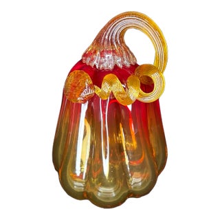 Hand Blown Mid 20th Century Murano Styled Art Glass Gourd Squash Red/Gold Autumn Fall For Sale
